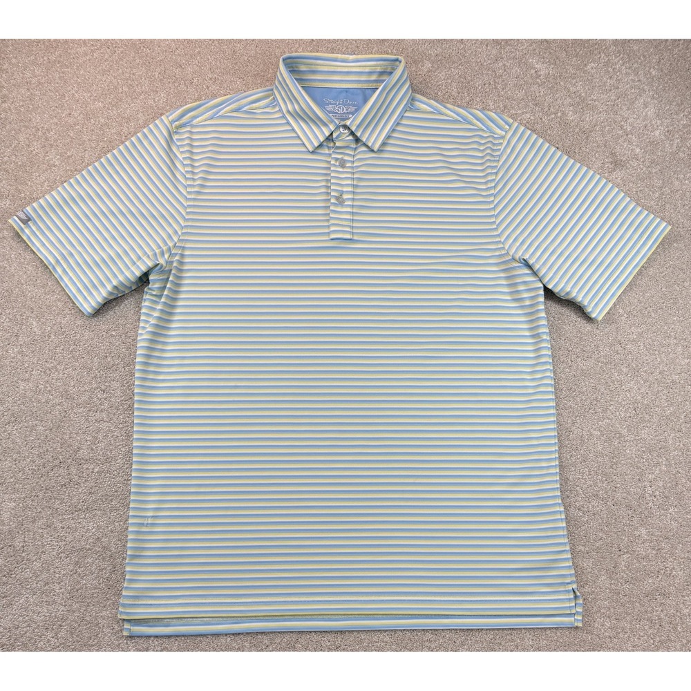 Straight Down Performance Polo Shirt Men's LARGE Blue White Stripe Golf Stretch